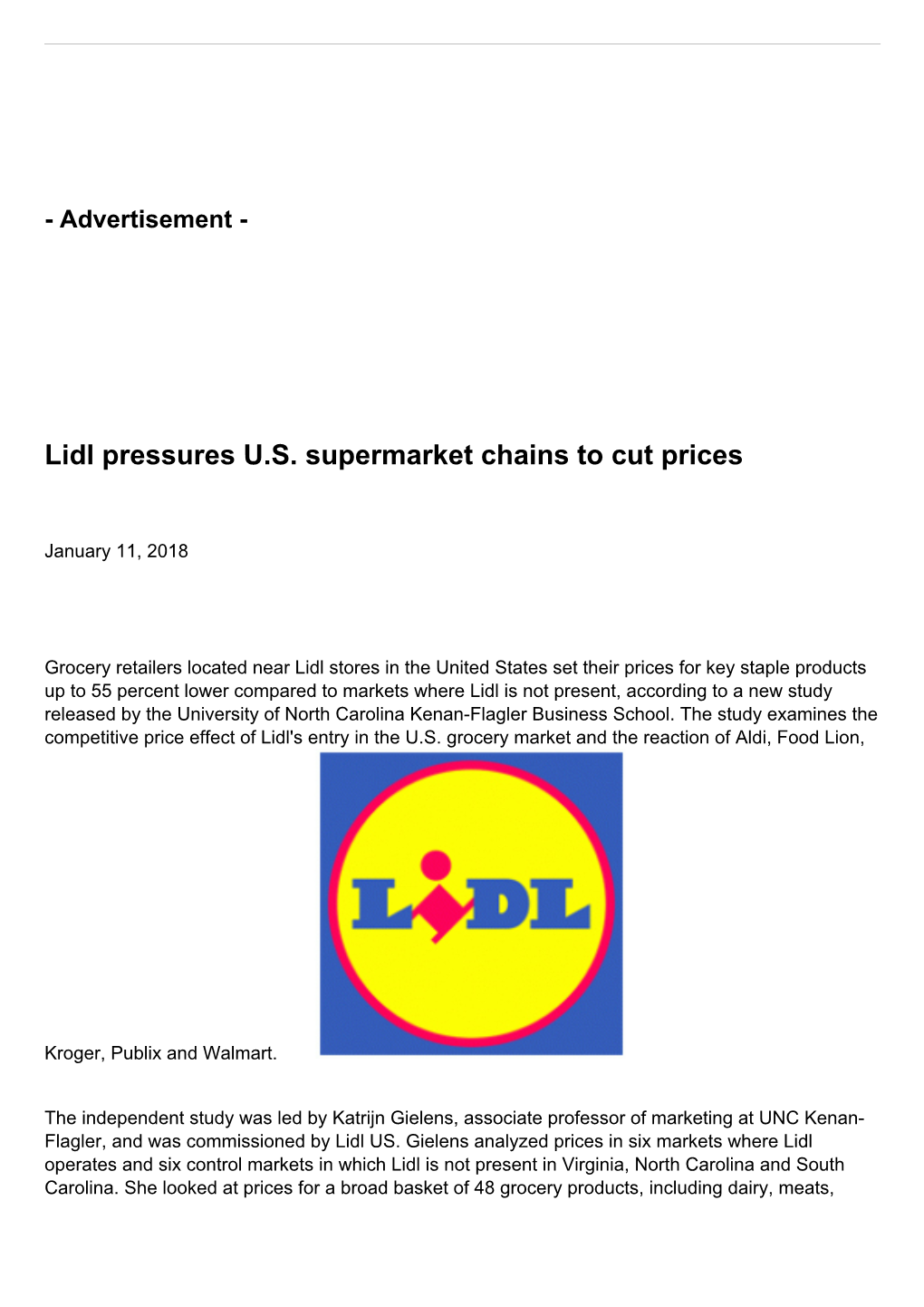 Lidl Pressures U.S. Supermarket Chains to Cut Prices