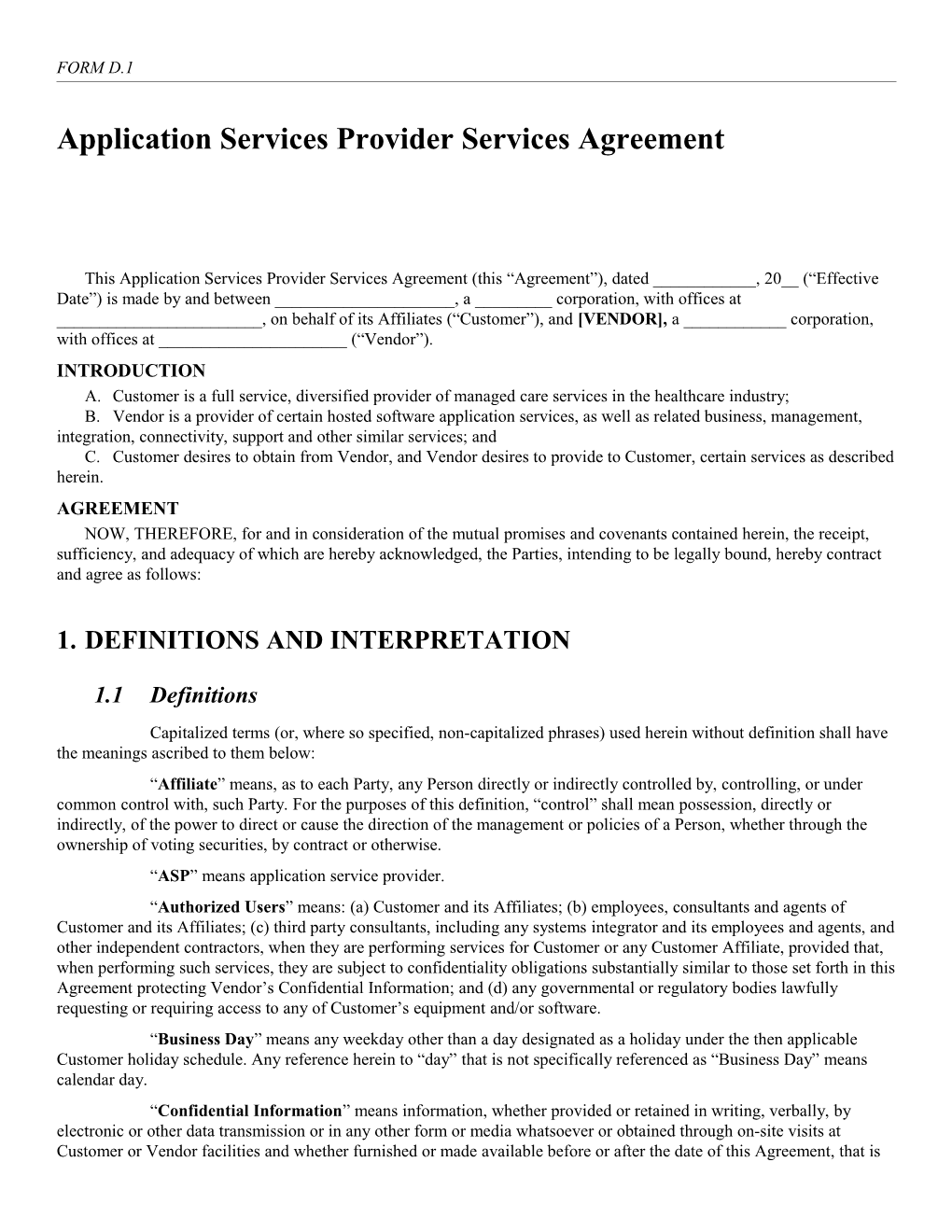 Application Services Provider Services Agreement