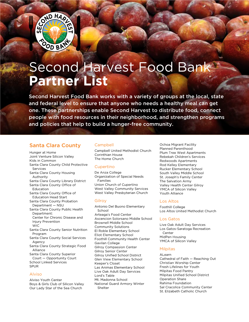 Second Harvest Food Bank Partner List