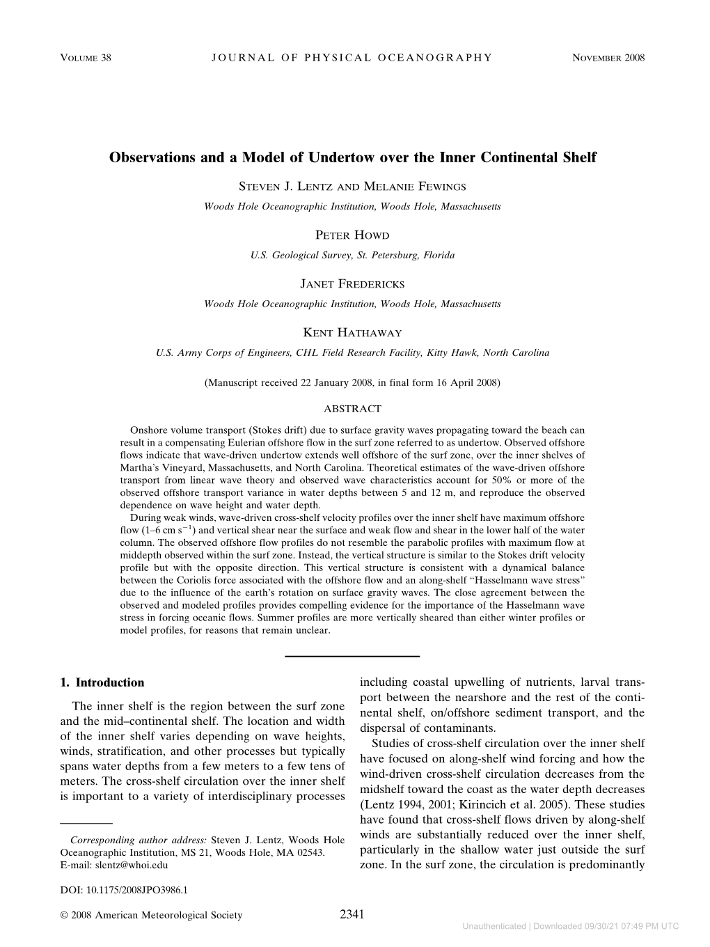 Observations and a Model of Undertow Over the Inner Continental Shelf