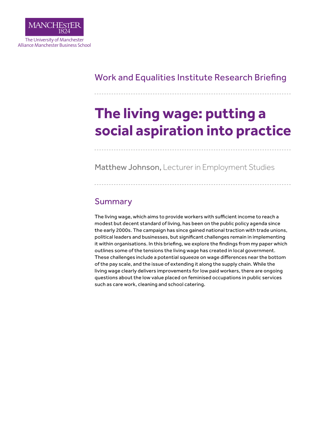 The Living Wage: Putting a Social Aspiration Into Practice