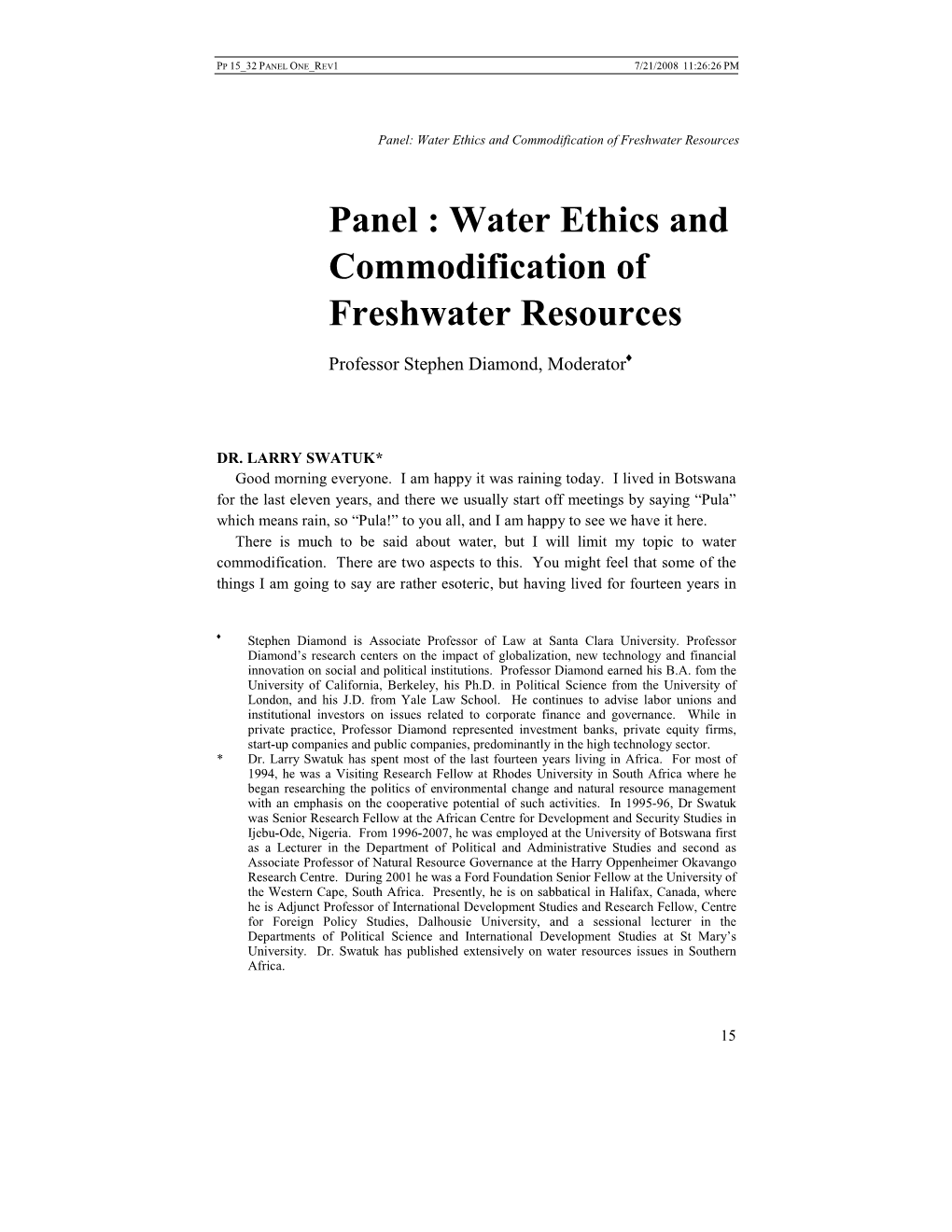 Water Ethics and Commodification of Freshwater Resources