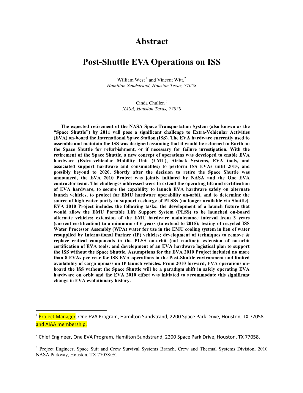 Abstract Post-Shuttle EVA Operations On