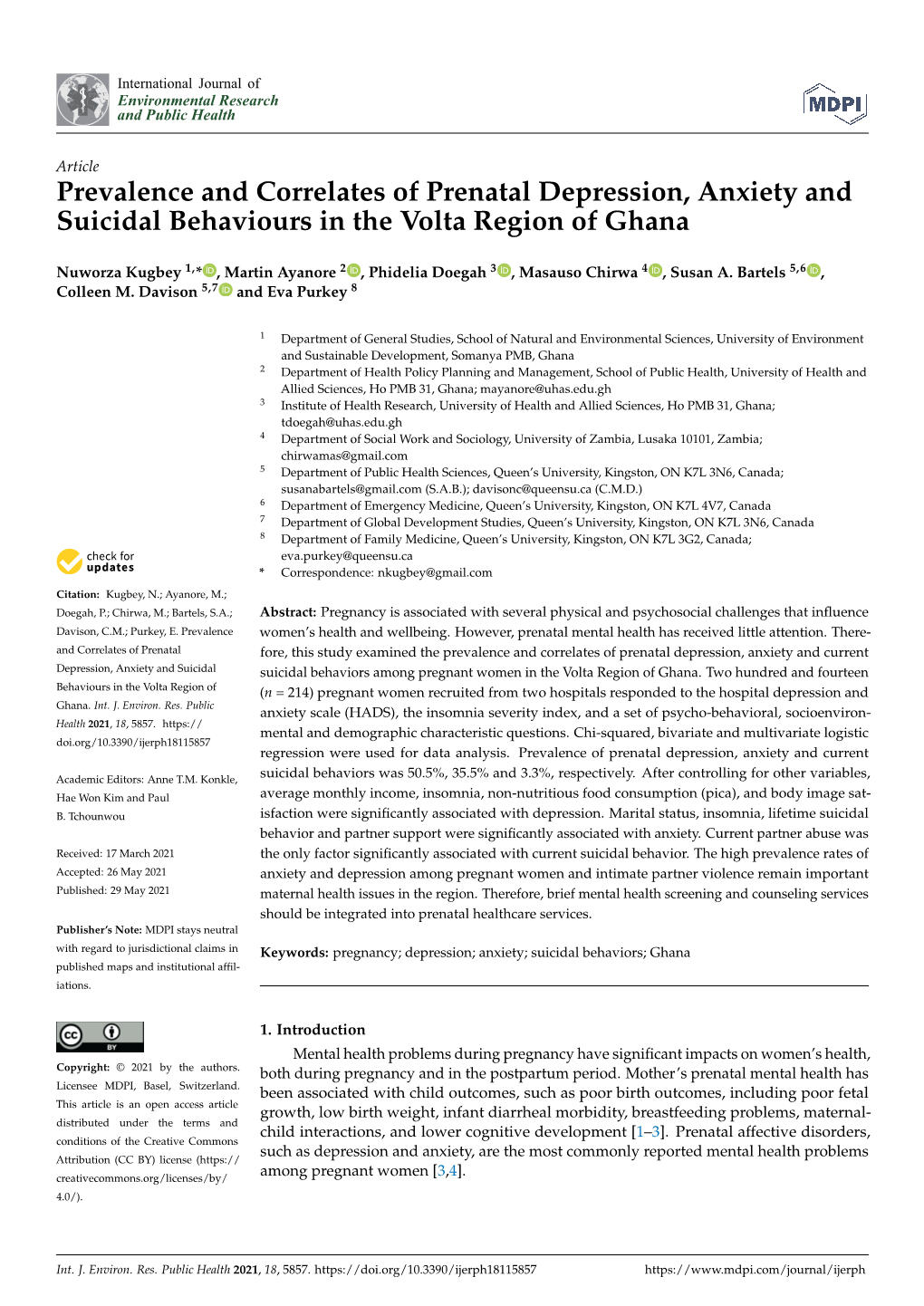 Prevalence and Correlates of Prenatal Depression, Anxiety and Suicidal Behaviours in the Volta Region of Ghana