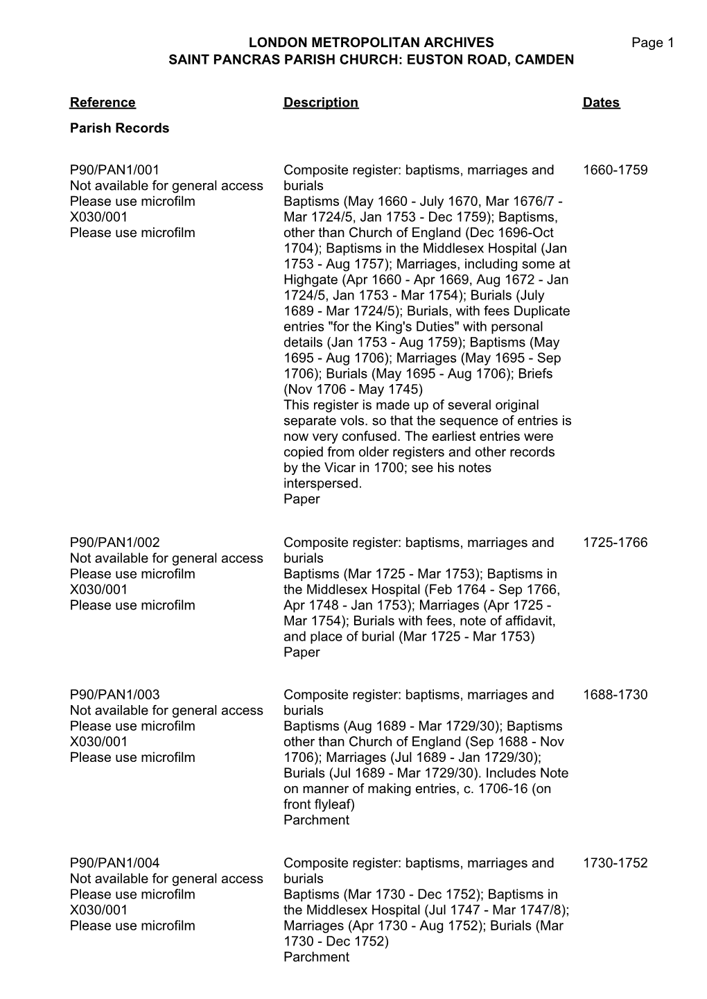 EUSTON ROAD, CAMDEN P90/PAN1 Page 1 Reference Description Dates Parish