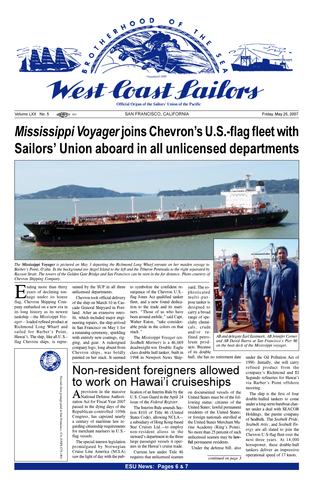 Mississippi Voyagerjoins Chevron's U.S.-Flag Fleet with Sailors' Union