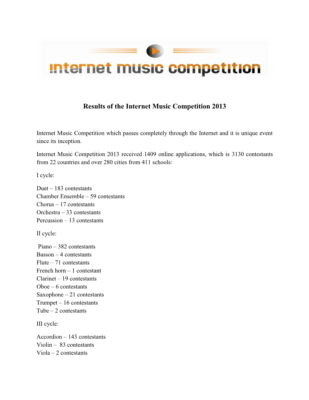 Results of the Internet Music Competition 2013