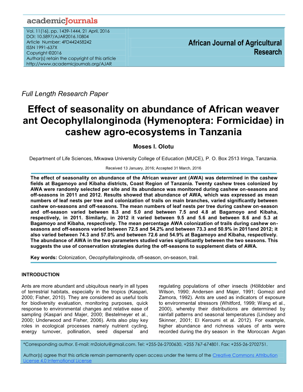 Effect of Seasonality on Abundance of African Weaver Ant Oecophyllalonginoda (Hymenoptera: Formicidae) in Cashew Agro-Ecosystems in Tanzania