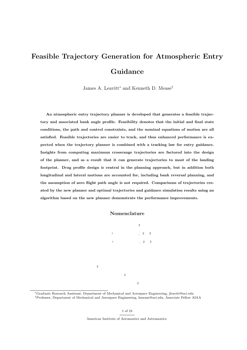 Feasible Trajectory Generation for Atmospheric Entry Guidance