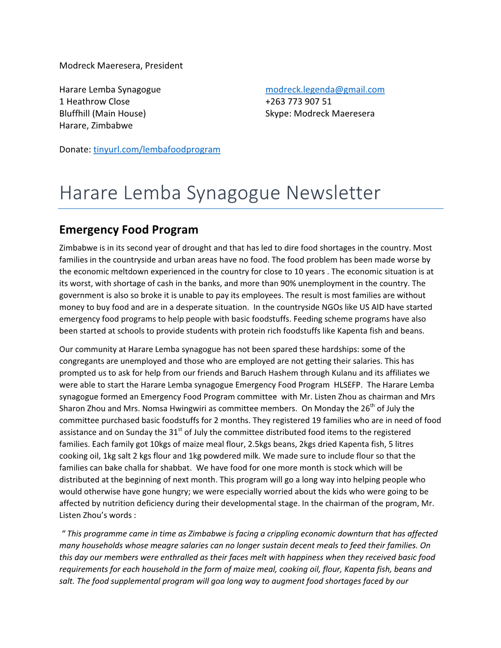 Harare Lemba Synagogue Newsletter