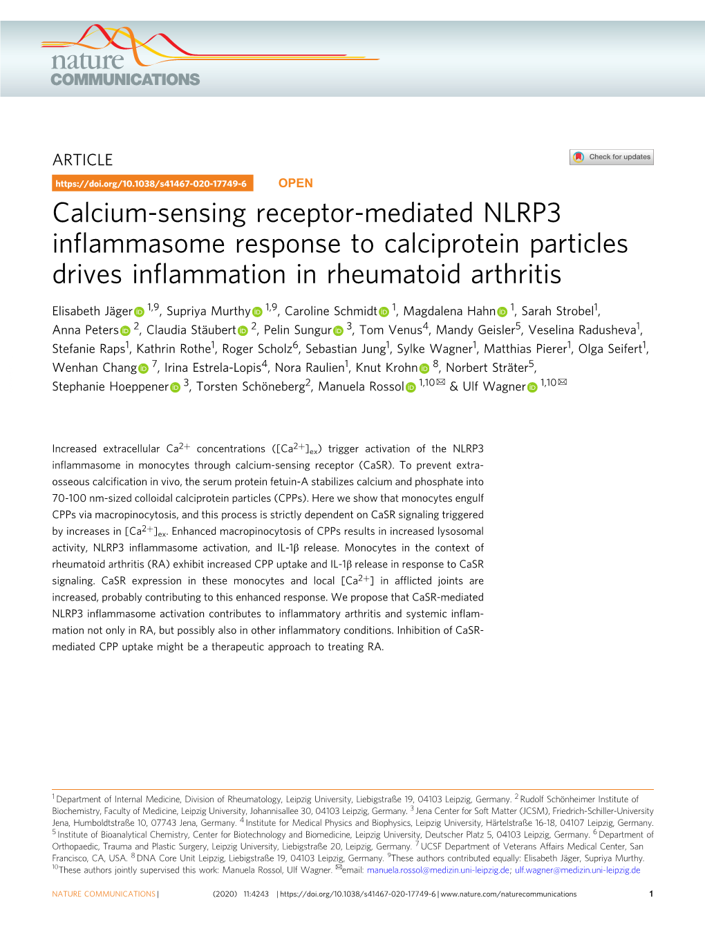 Calcium-Sensing Receptor-Mediated NLRP3 Inflammasome Response To