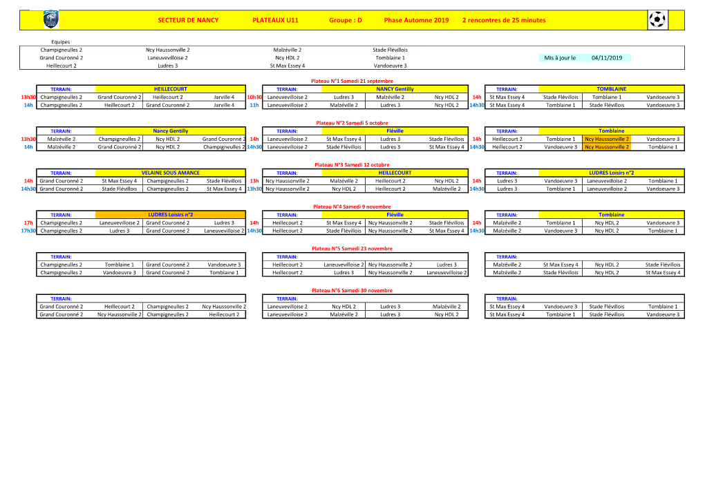 SECTEUR DE NANCY PLATEAUX U11 Groupe : D Phase Automne 2019 2 Rencontres De 25 Minutes