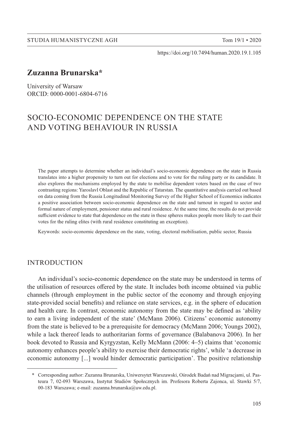 Socio-Economic Dependence on the State and Voting Behaviour in Russia