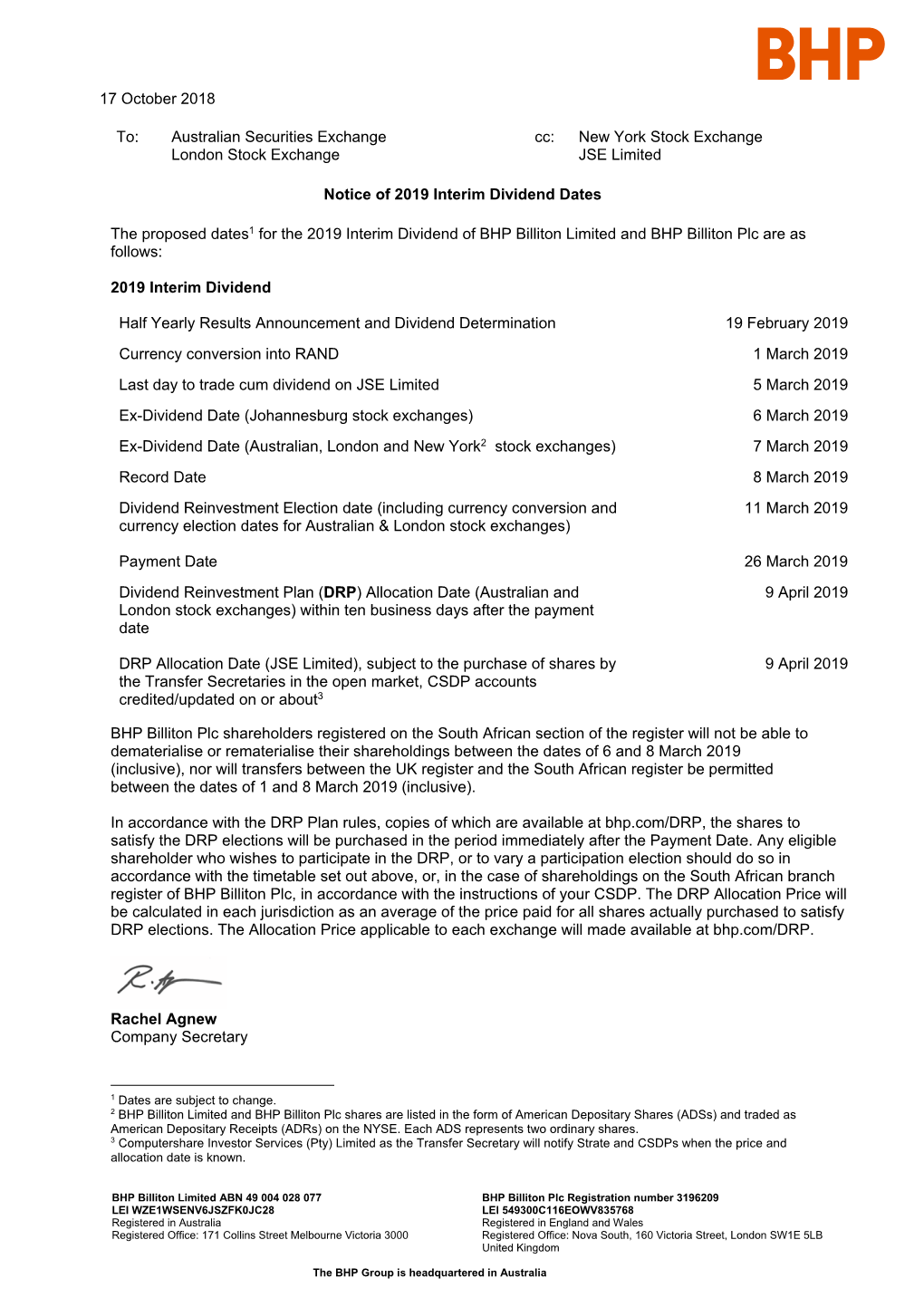 To: Australian Securities Exchange Cc: New York Stock Exchange London Stock Exchange JSE Limited