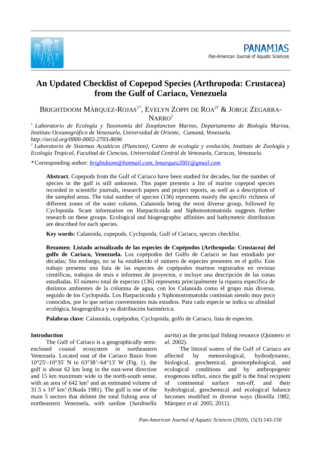 An Updated Checklist of Copepod Species (Arthropoda: Crustacea) from the Gulf of Cariaco, Venezuela