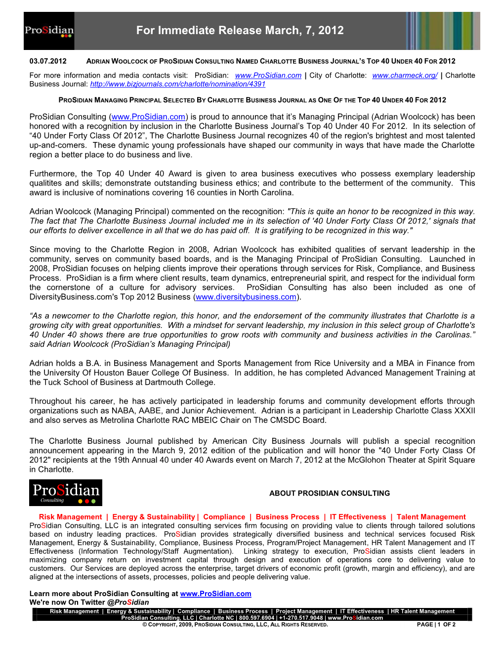 Prosidian Consulting Press Release