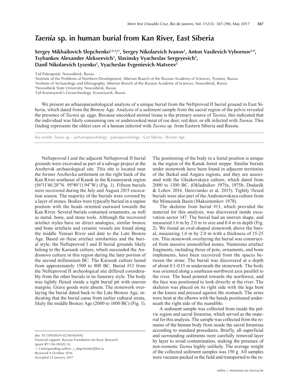 Taenia Sp. in Human Burial from Kan River, East Siberia