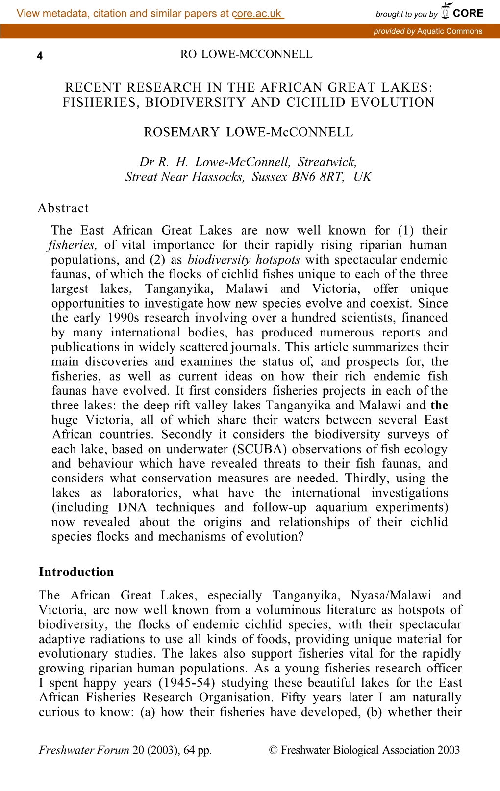 Recent Research in the African Great Lakes: Fisheries, Biodiversity and Cichlid Evolution