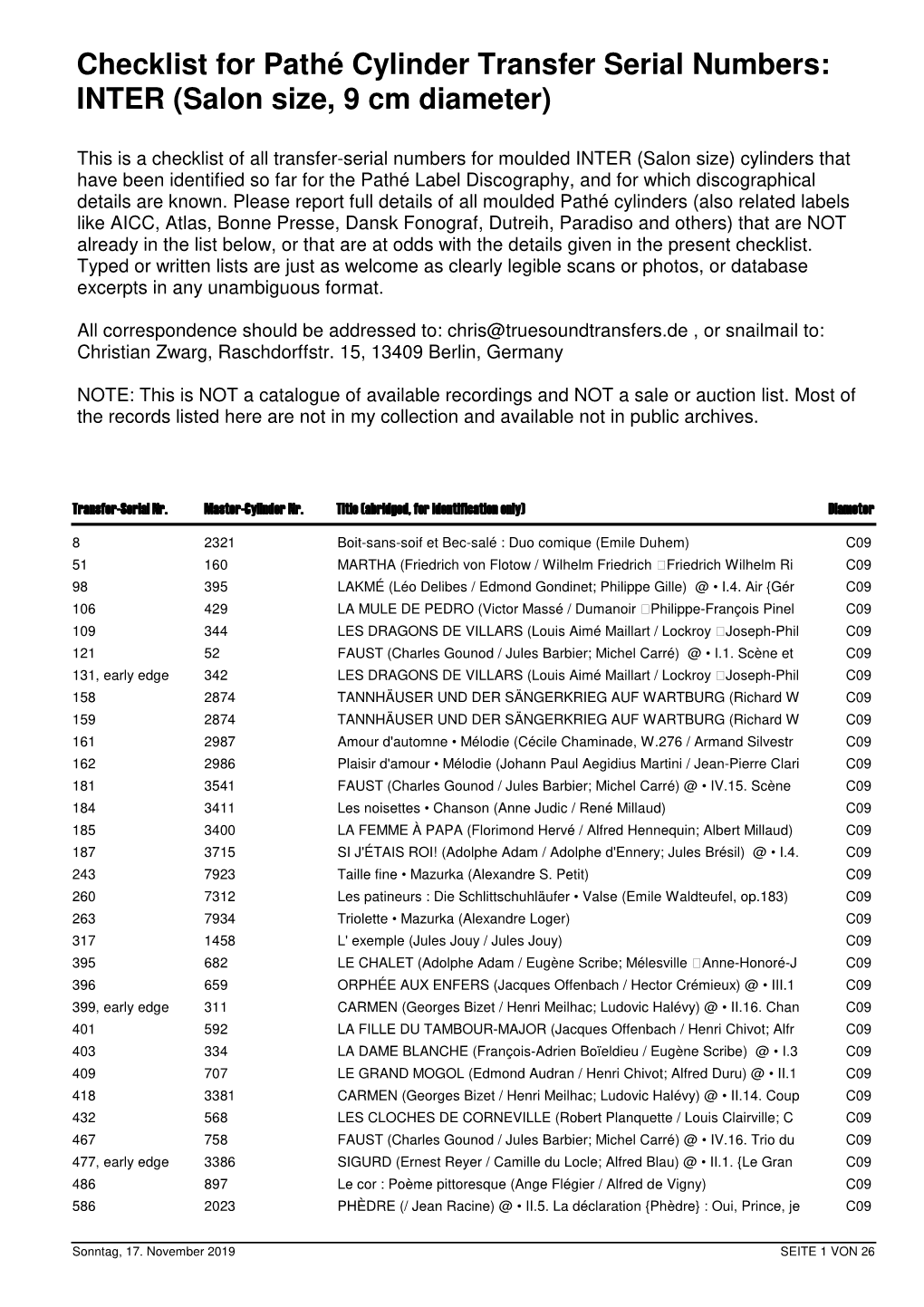 Checklist for Pathé Cylinder Transfer Serial Numbers: INTER (Salon Size, 9 Cm Diameter)