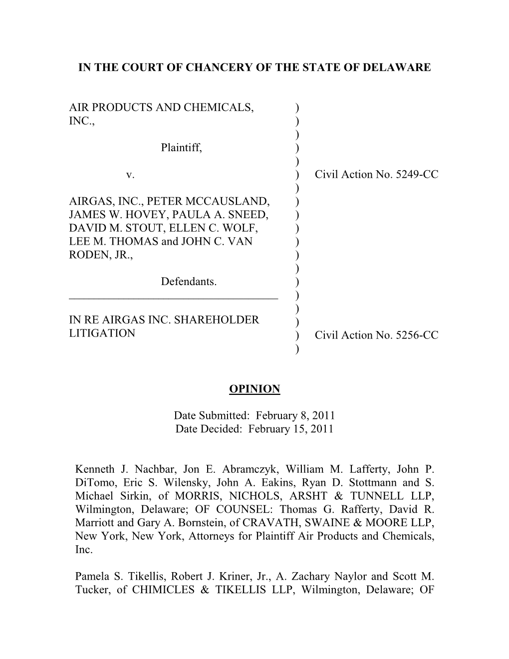 Air Products and Chemicals, Inc., V. Airgas, Inc