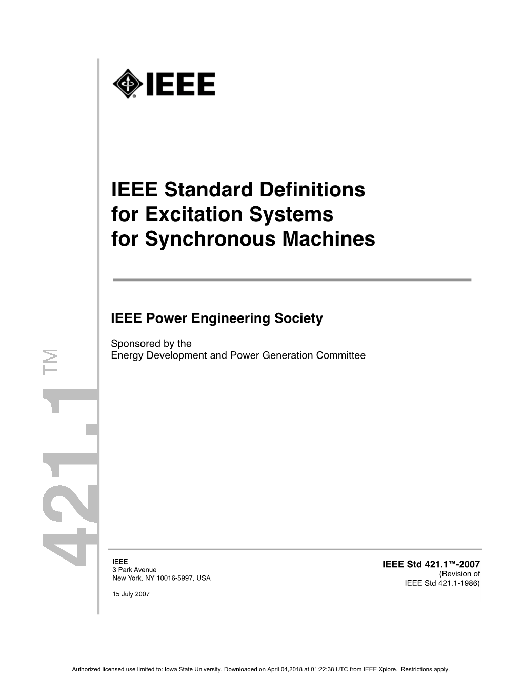 IEEE Std 421.1-2007, IEEE Standard Definitions for Excitation Systems for Synchronous Machines