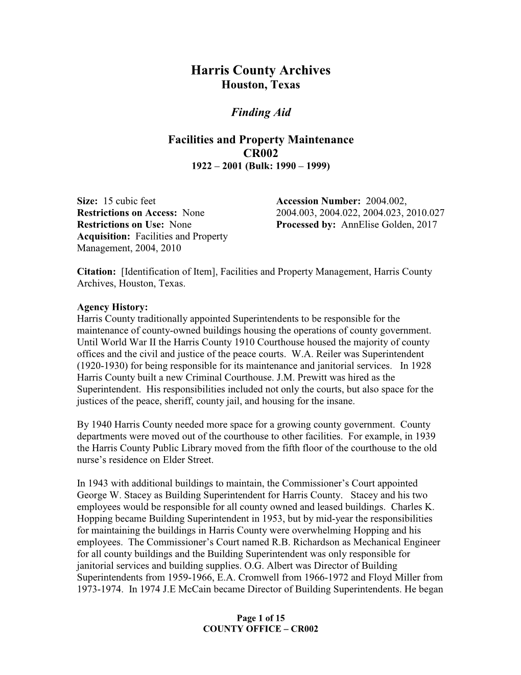 CR02, Harris County Court House Plans (1922) and Time Capsule Inventory – CR02, 2004