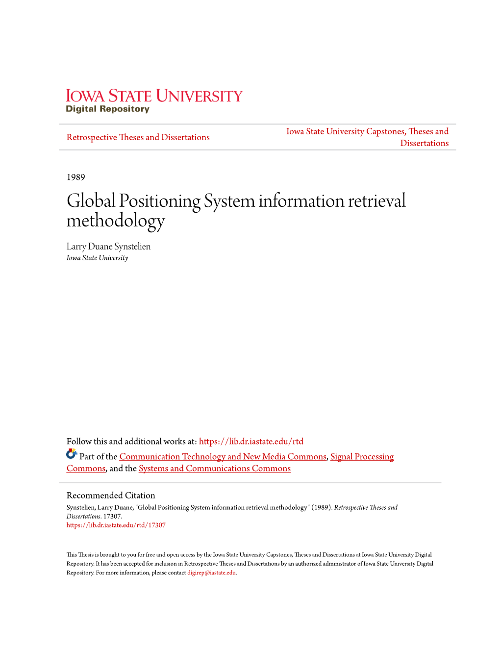 Global Positioning System Information Retrieval Methodology Larry Duane Synstelien Iowa State University