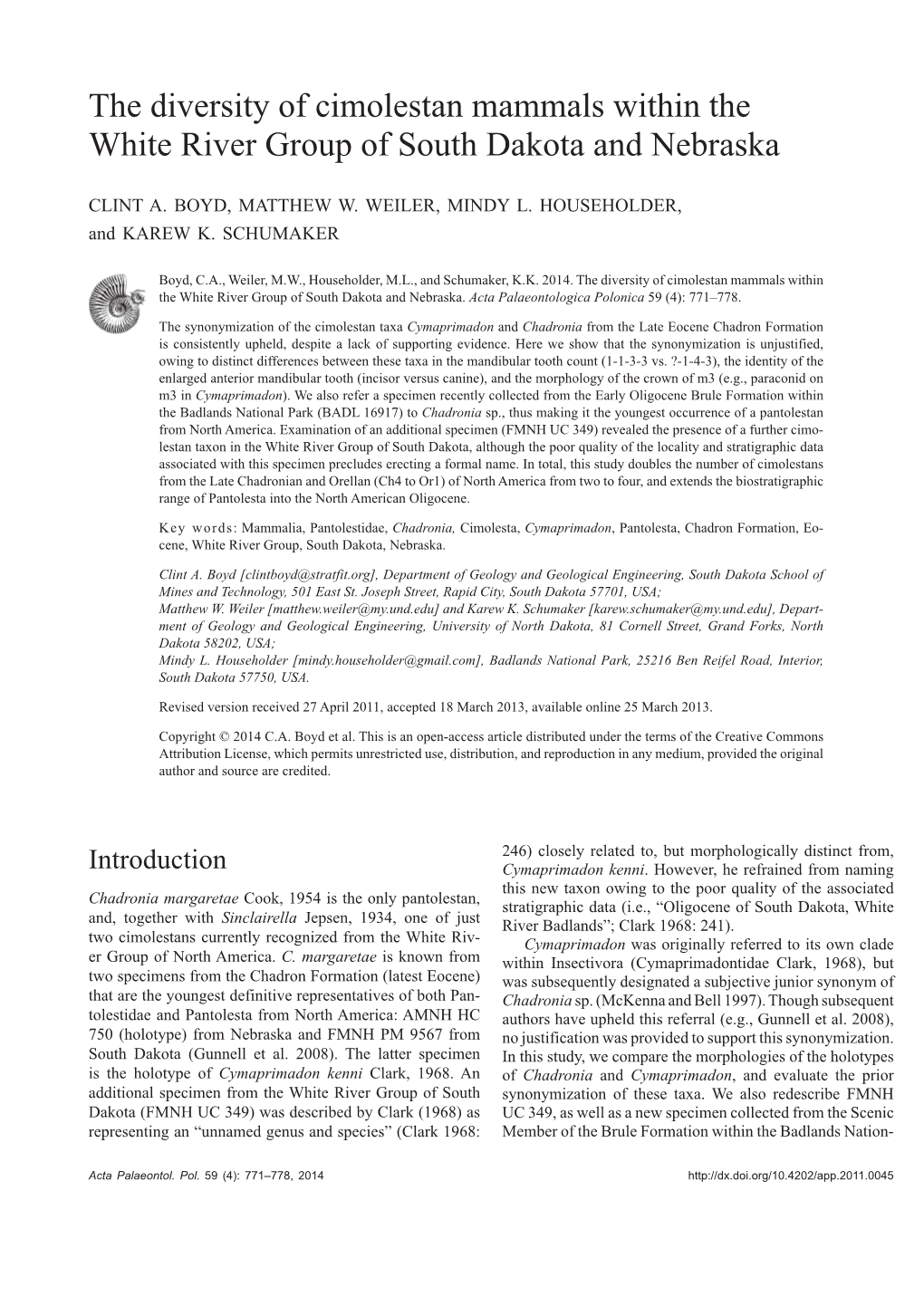 The Diversity of Cimolestan Mammals Within the White River Group of South Dakota and Nebraska