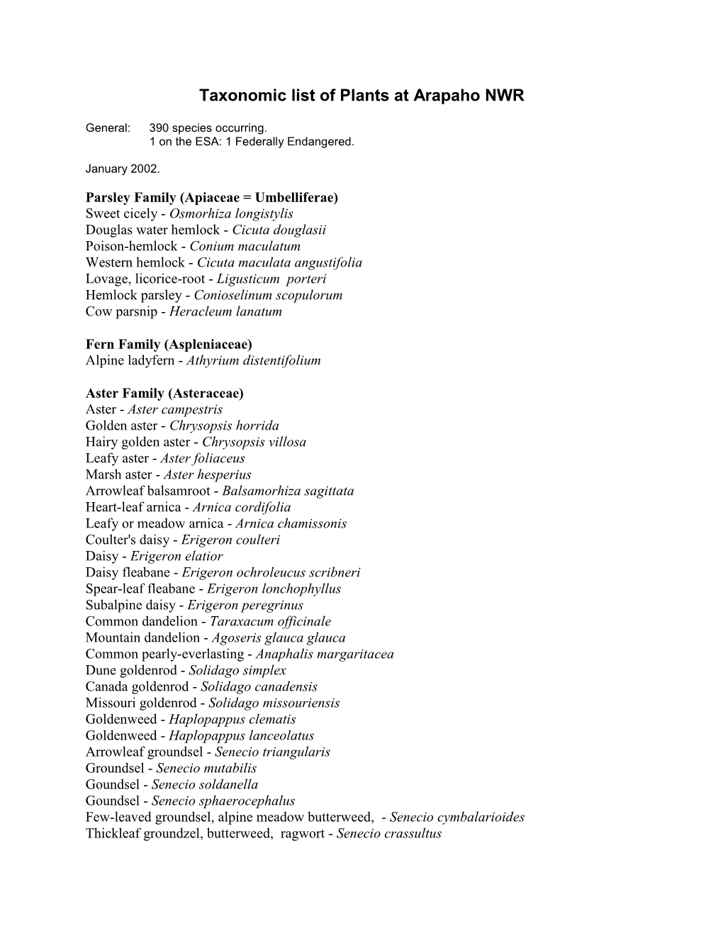 Taxonomic List of Plants at Arapaho NWR