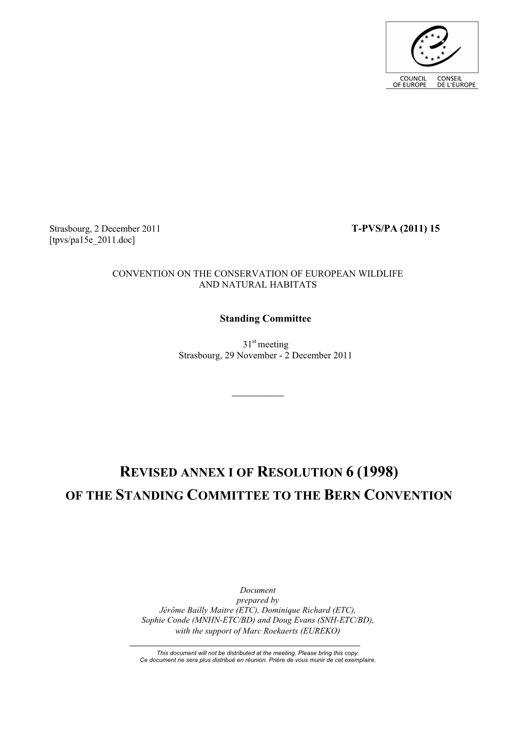 Of the Standing Committee to the Bern Convention