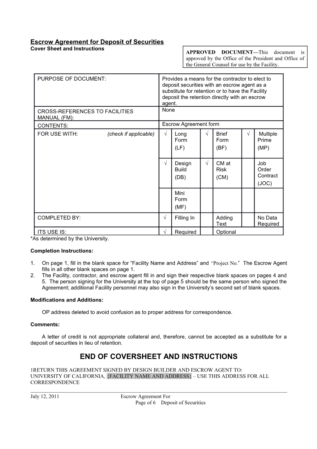 Return This Agreement Signed by Design Builder and Escrow Agent To