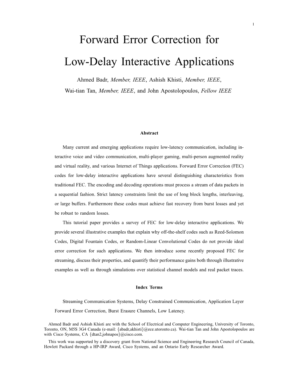 Forward Error Correction for Low-Delay Interactive Applications