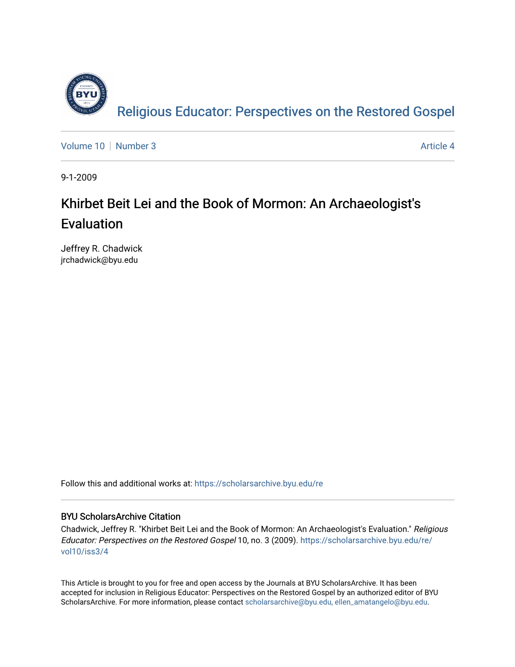 Khirbet Beit Lei and the Book of Mormon: an Archaeologist's Evaluation