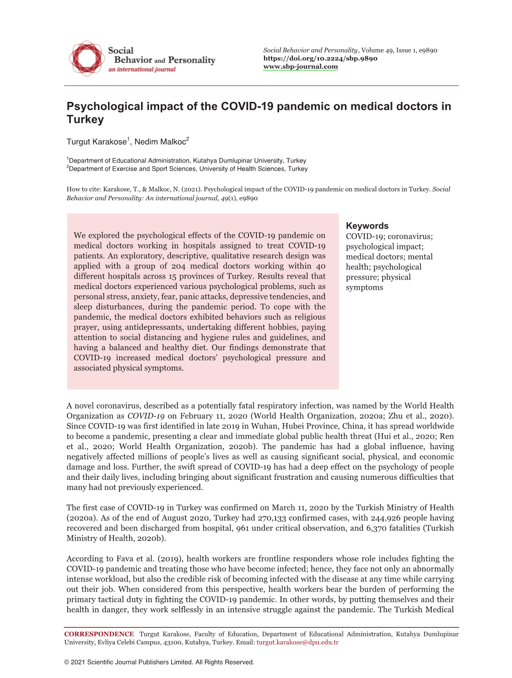 Psychological Impact of the COVID-19 Pandemic on Medical Doctors in Turkey