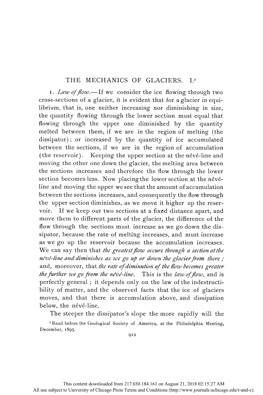 The Mechanics of Glaciers. I.1