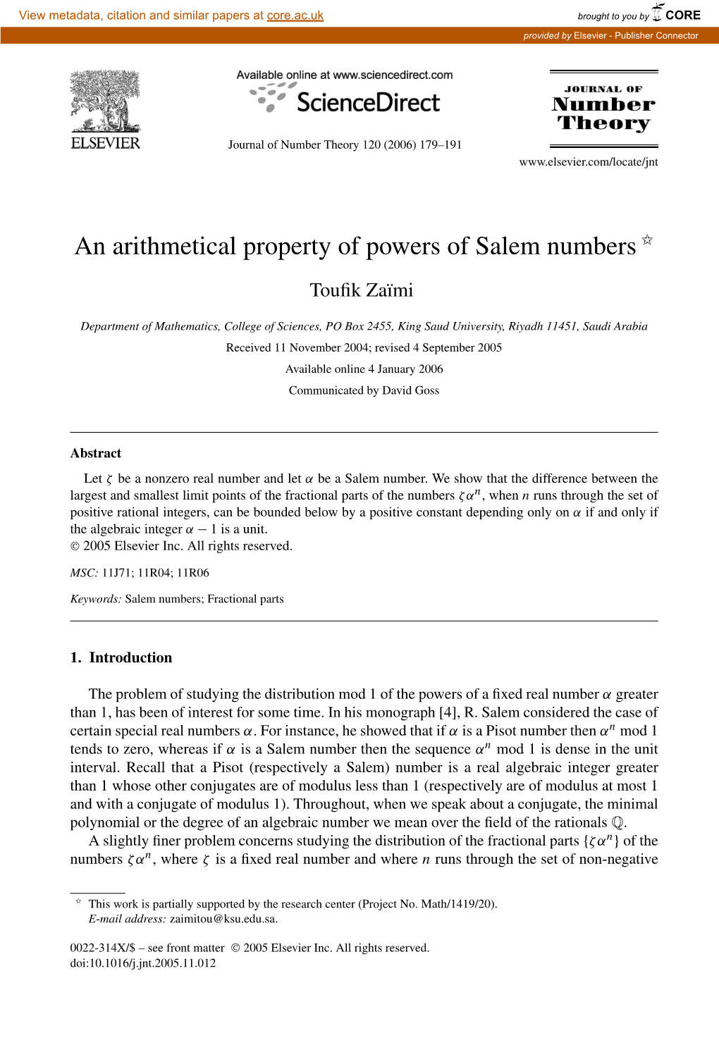 An Arithmetical Property of Powers of Salem Numbers ✩