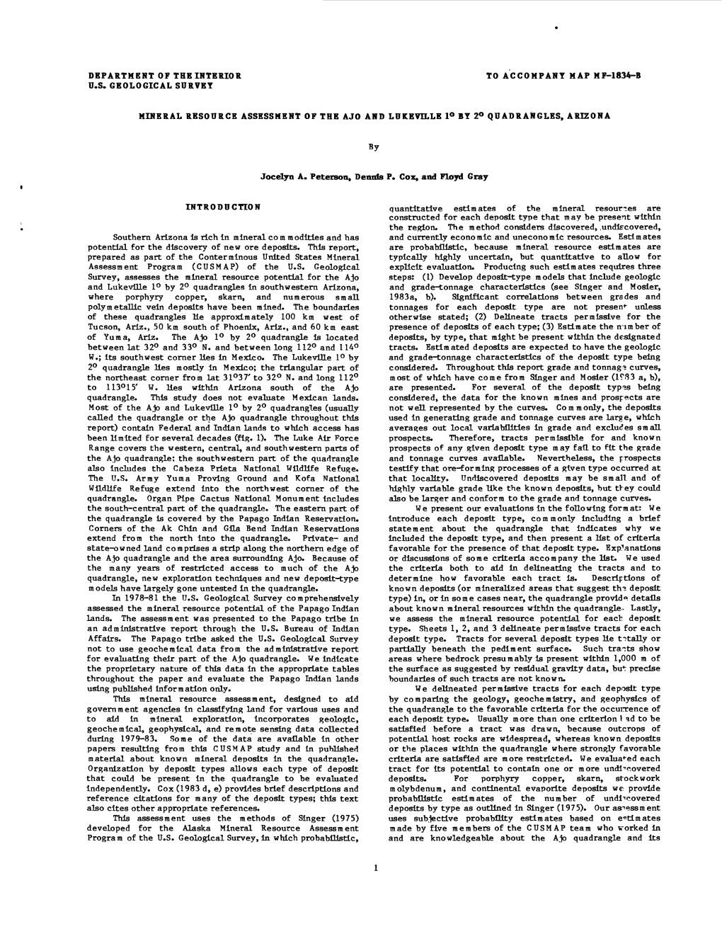 Department of the Interior U.S. Geological Survey to Accompany Map Mf-1834-B Mineral Resource Assessment of the Ajo and Ldkevill