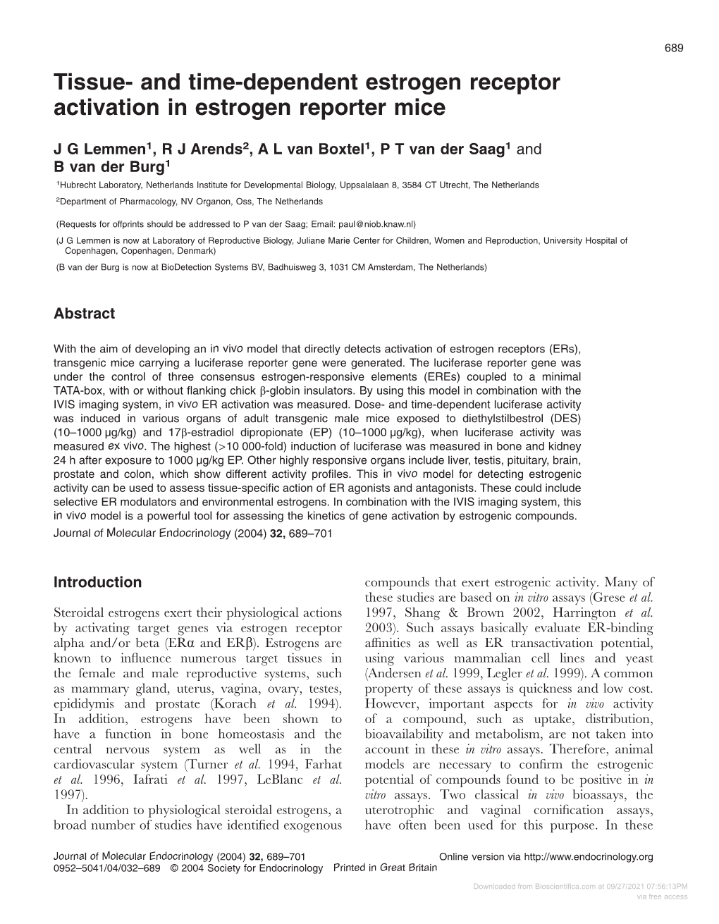 Tissue- and Time-Dependent Estrogen Receptor Activation in Estrogen Reporter Mice