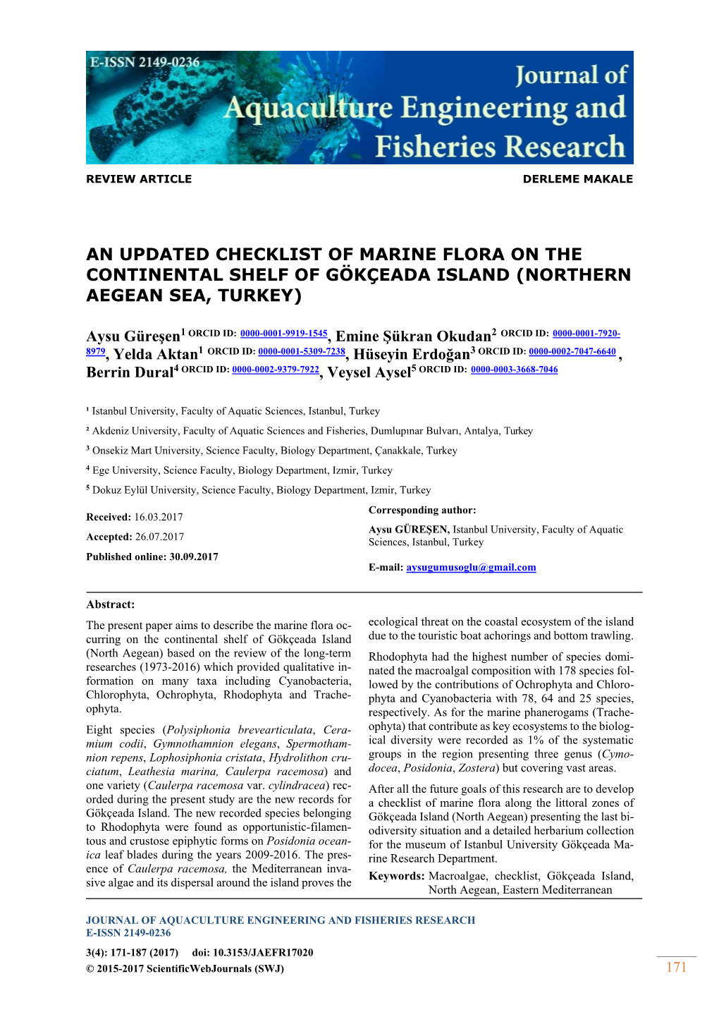 An Updated Checklist of Marine Flora on the Continental Shelf of Gökçeada Island (Northern Aegean Sea, Turkey)