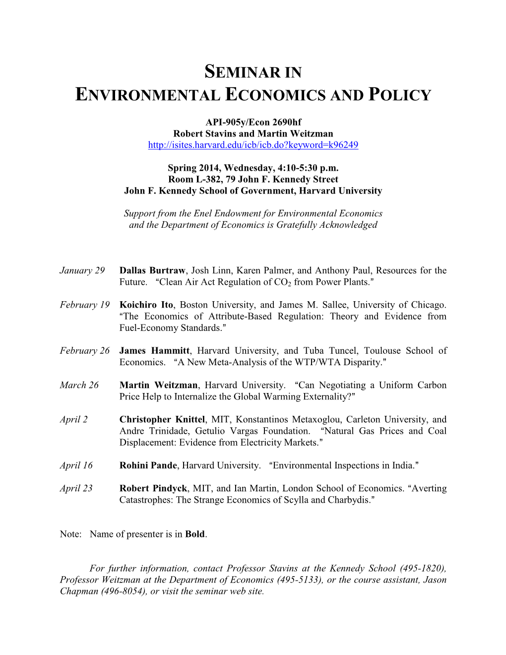 Seminar in Environmental Economics and Policy