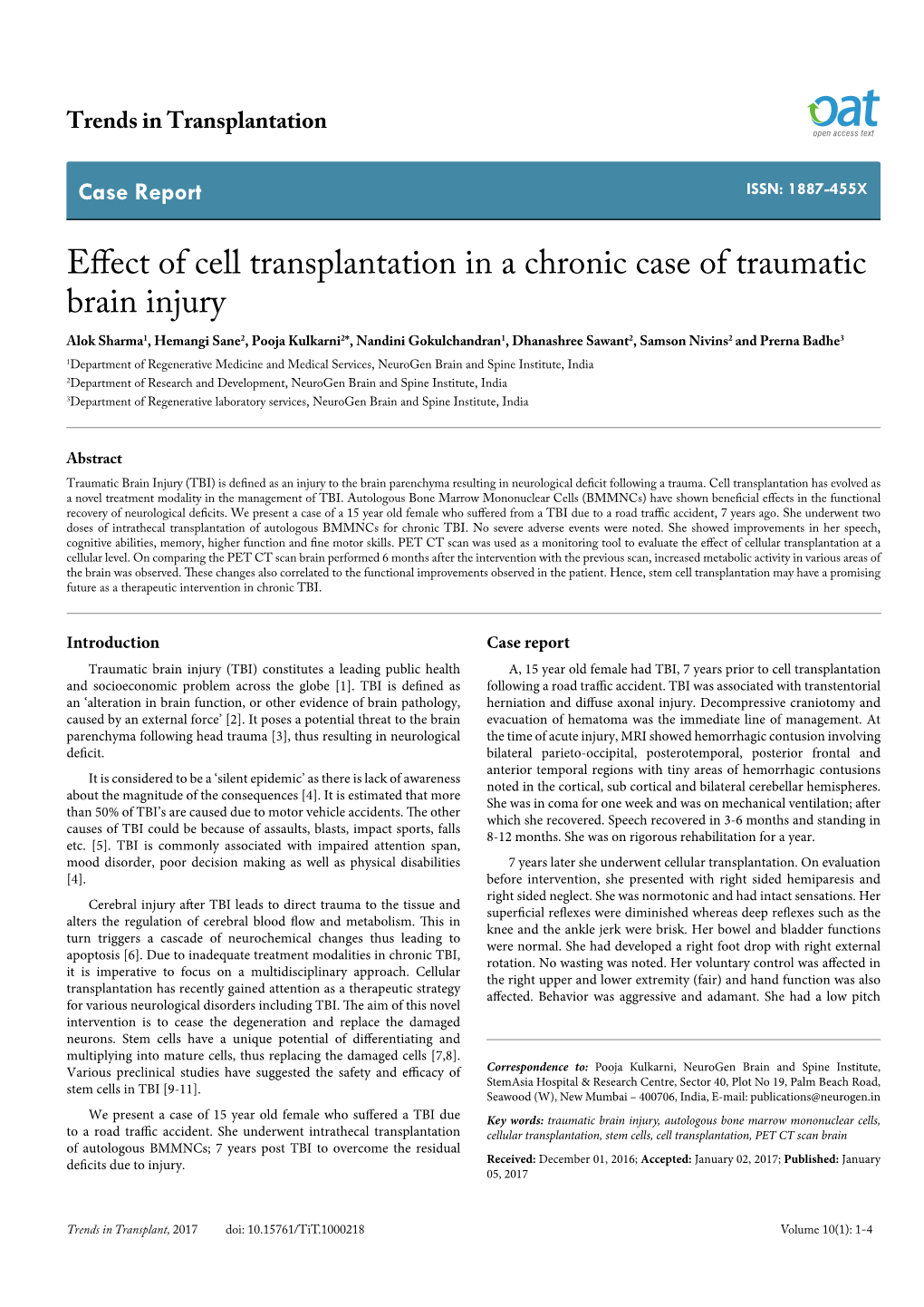 Effect of Cell Transplantation in a Chronic Case of Traumatic Brain Injury