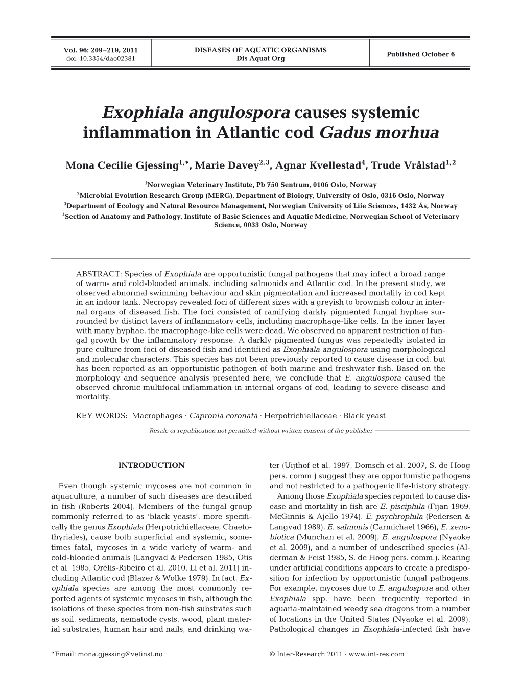 Exophiala Angulospora Causes Systemic Inflammation in Atlantic Cod Gadus Morhua