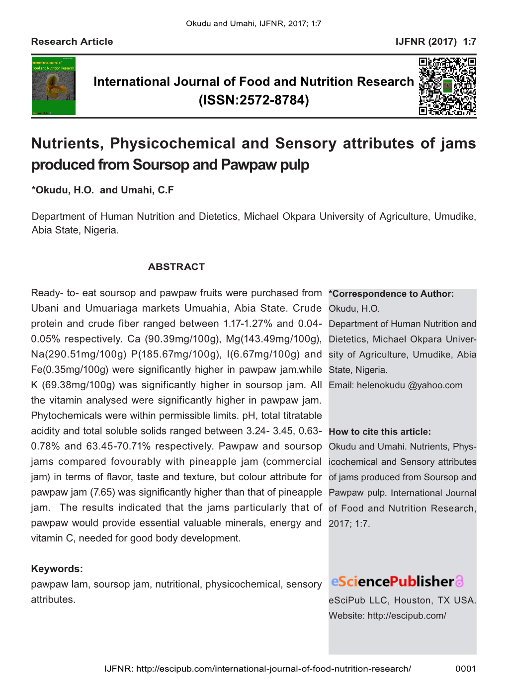 Nutrients, Physicochemical and Sensory Attributes of Jams Produced from Soursop and Pawpaw Pulp