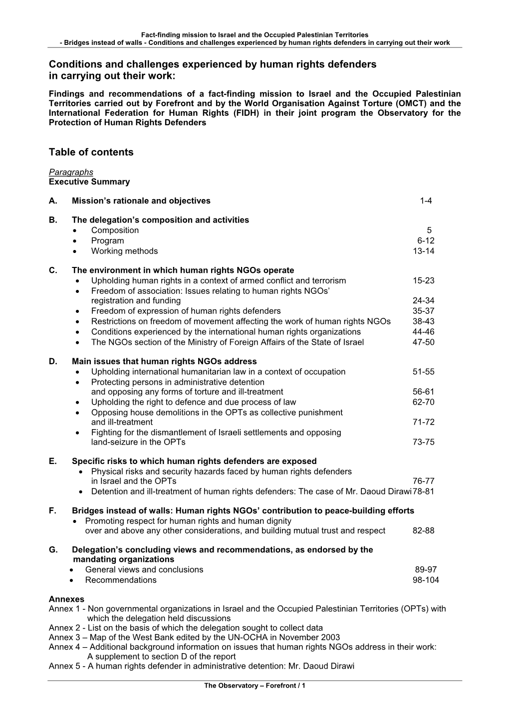 Conditions and Challenges Experienced by Human Rights Defenders in Carrying out Their Work: Table of Contents