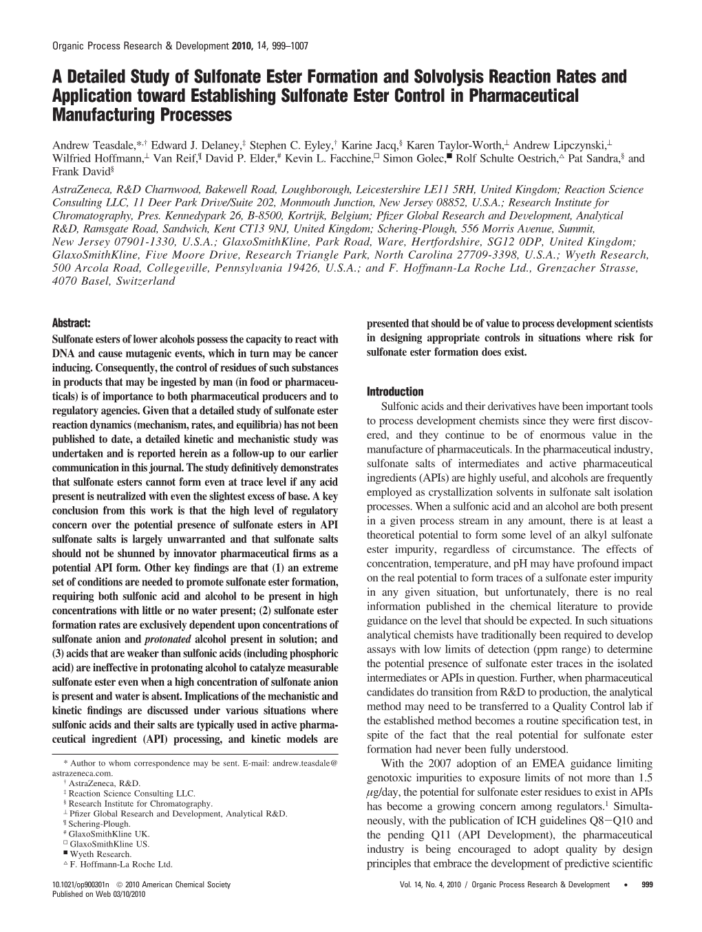 Sulfonate Ester Kinetic Study