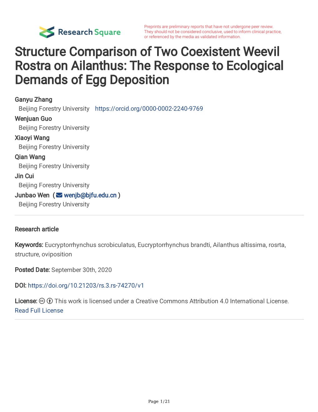 Structure Comparison of Two Coexistent Weevil Rostra on Ailanthus: the Response to Ecological Demands of Egg Deposition