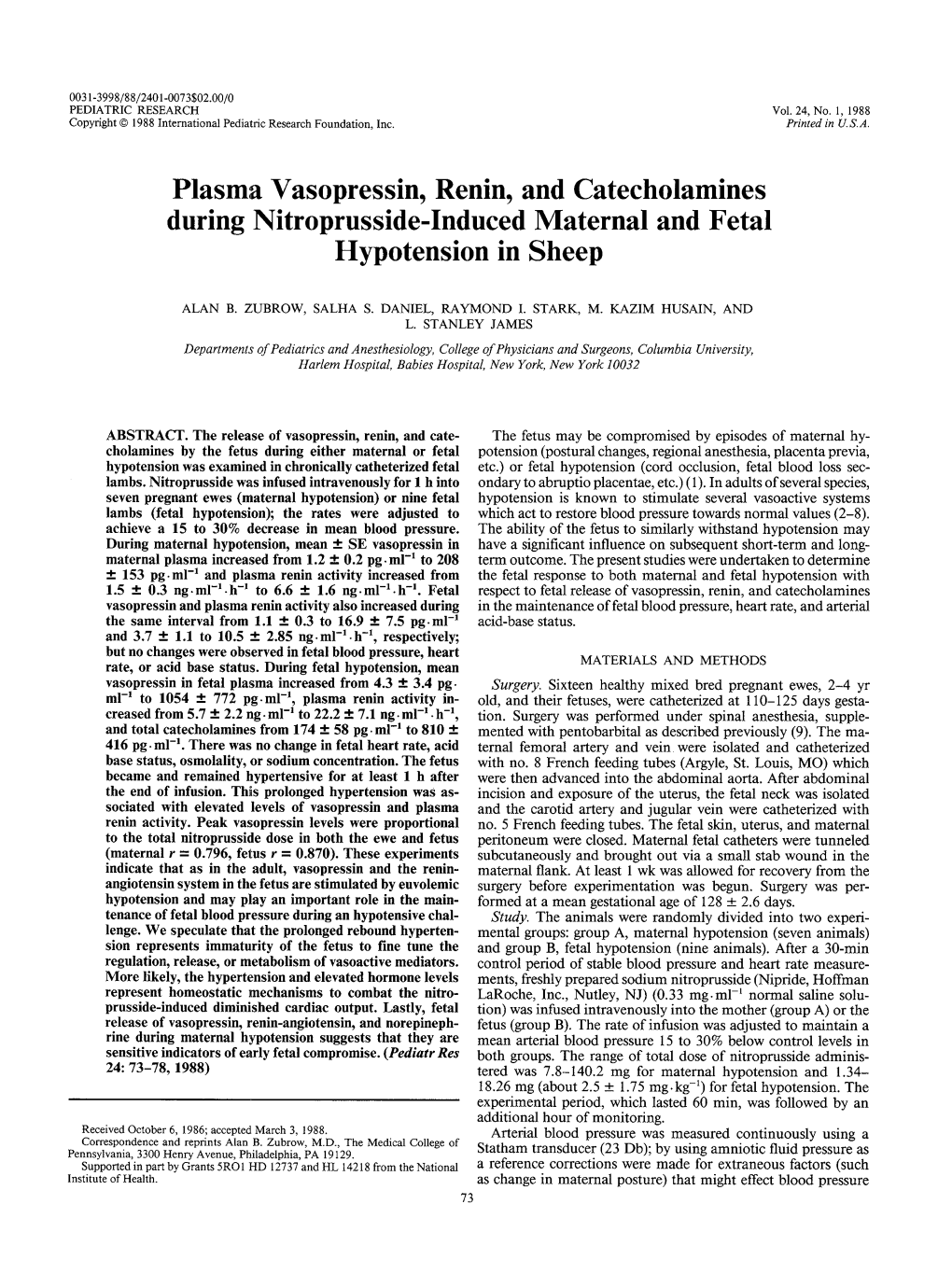 Plasma Vasopressin, Renin, and Catecholamines During Nitroprusside-Induced Maternal and Fetal Hypotension in Sheep