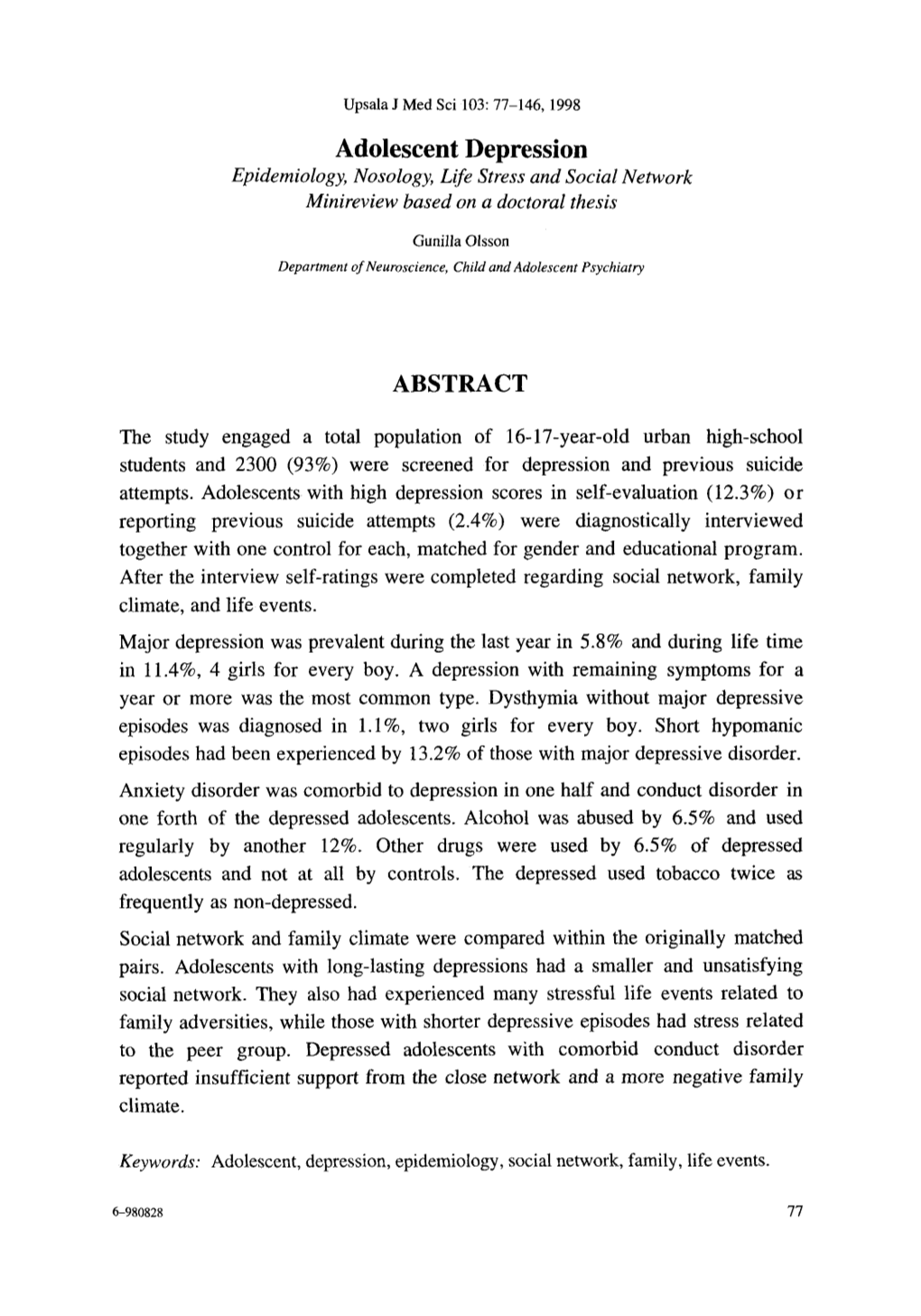 Adolescent Depression Epidemiology, Nosology, Life Stress and Social Network Minireview Based on a Doctoral Thesis