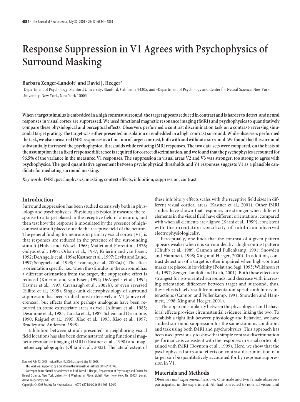 Response Suppression in V1 Agrees with Psychophysics of Surround Masking