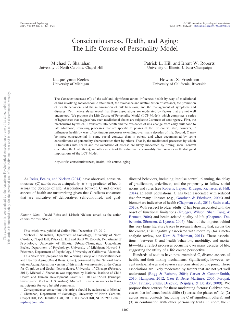 Conscientiousness, Health, and Aging: the Life Course of Personality Model